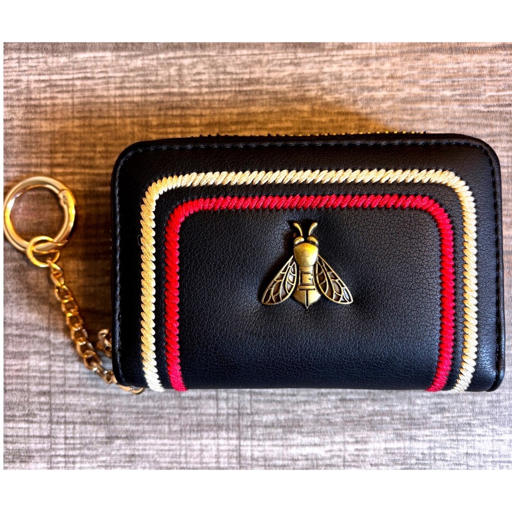 Black Faux Leather Bee Accordion Card Holder Wallet with Keychain Gold Tone
